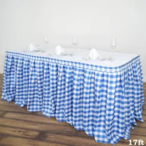 17FT Perfect Picnic Inspired White/Blue Checkered Polyester Table Skirt For Wedding Party Event