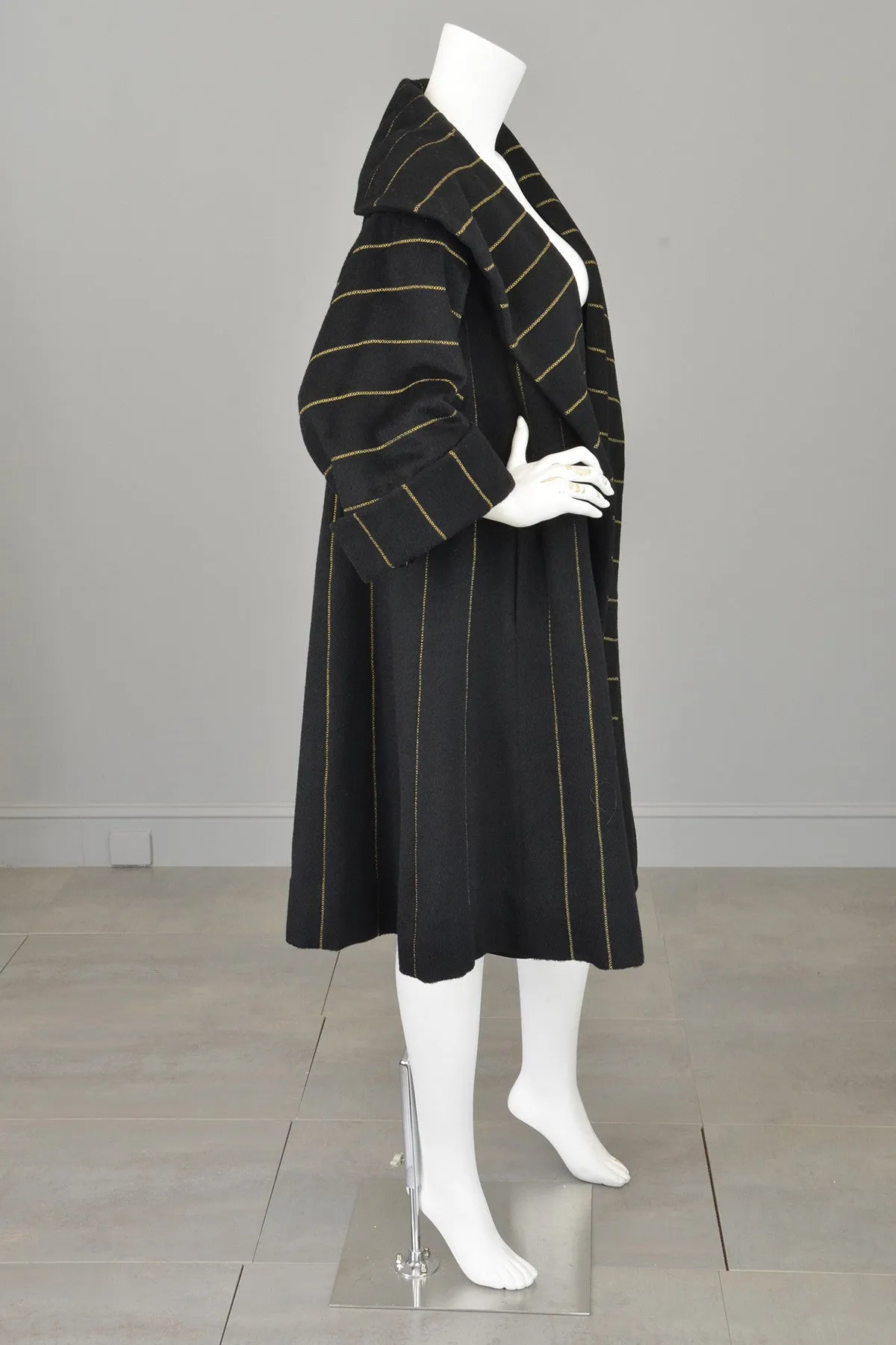 1950s 60s Black Wool Gold Metallic Swing Coat MOD Coat