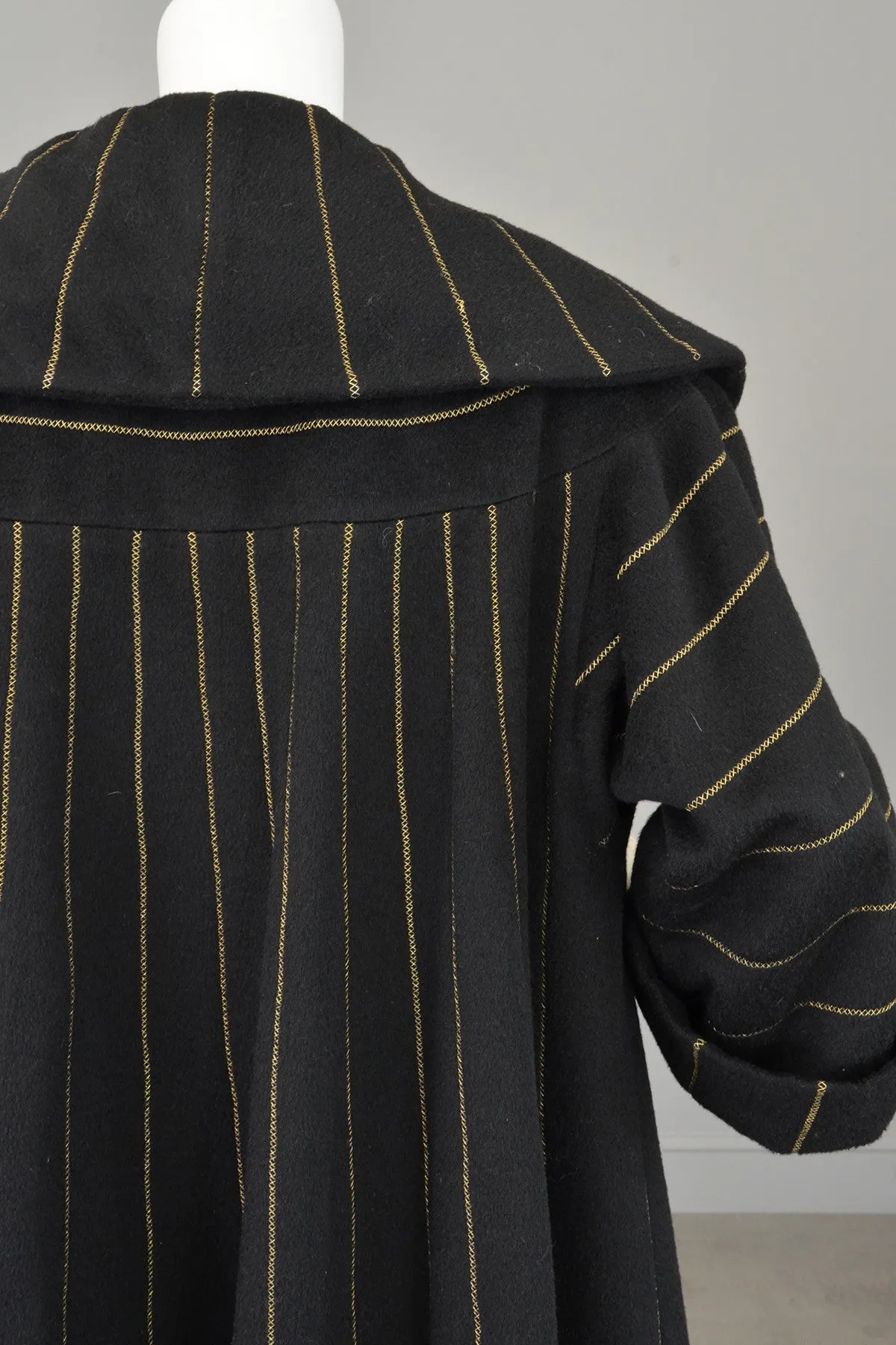 1950s 60s Black Wool Gold Metallic Swing Coat MOD Coat