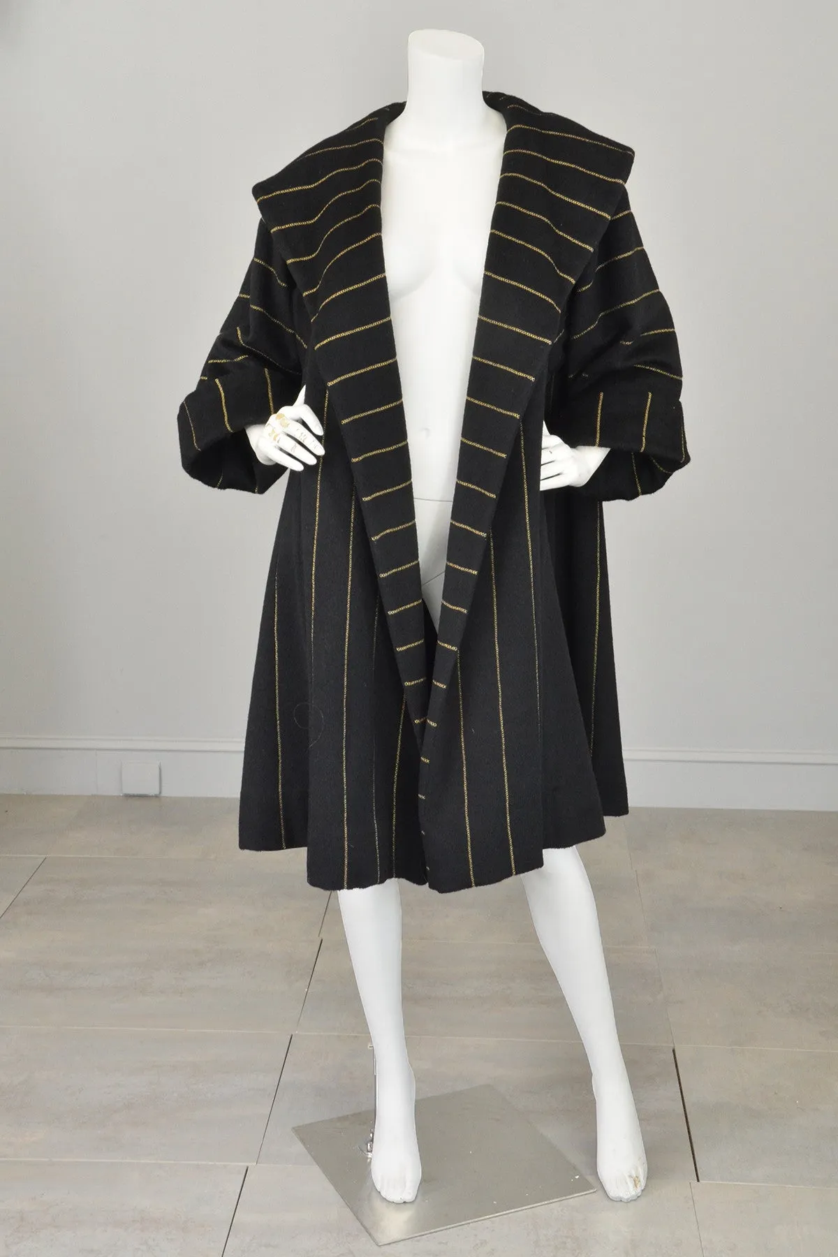 1950s 60s Black Wool Gold Metallic Swing Coat MOD Coat