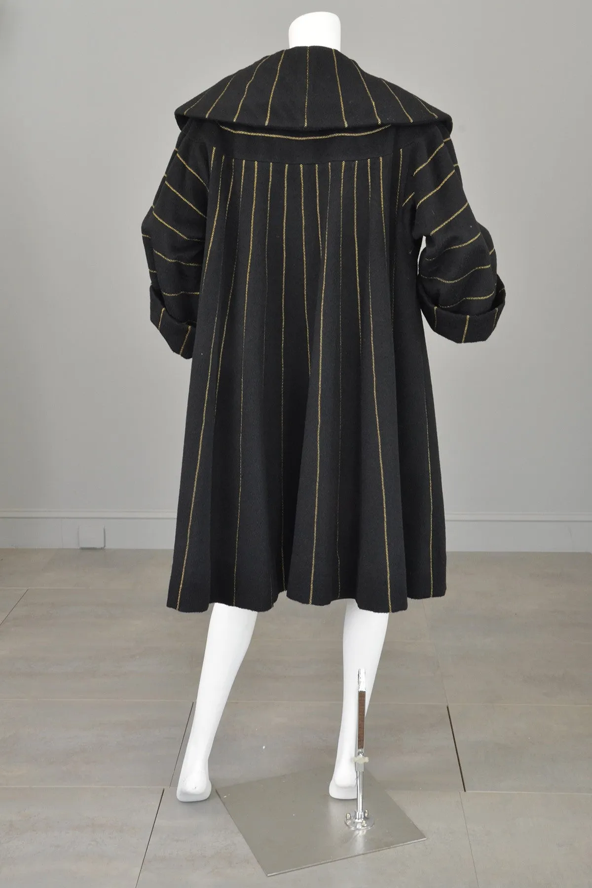 1950s 60s Black Wool Gold Metallic Swing Coat MOD Coat