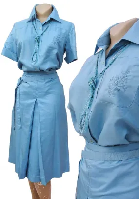 1970s Vintage Pale Blue Silk Skirt & Blouse Safari Suit Set • Short Sleeve