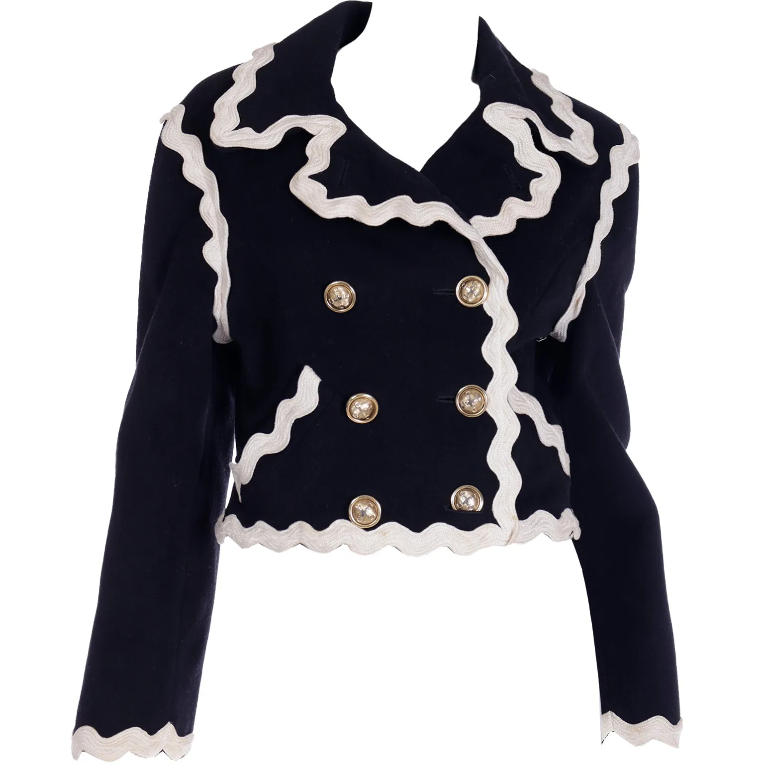 1991 Franco Moschino Vintage Black Cropped Jacket w Ric Rac