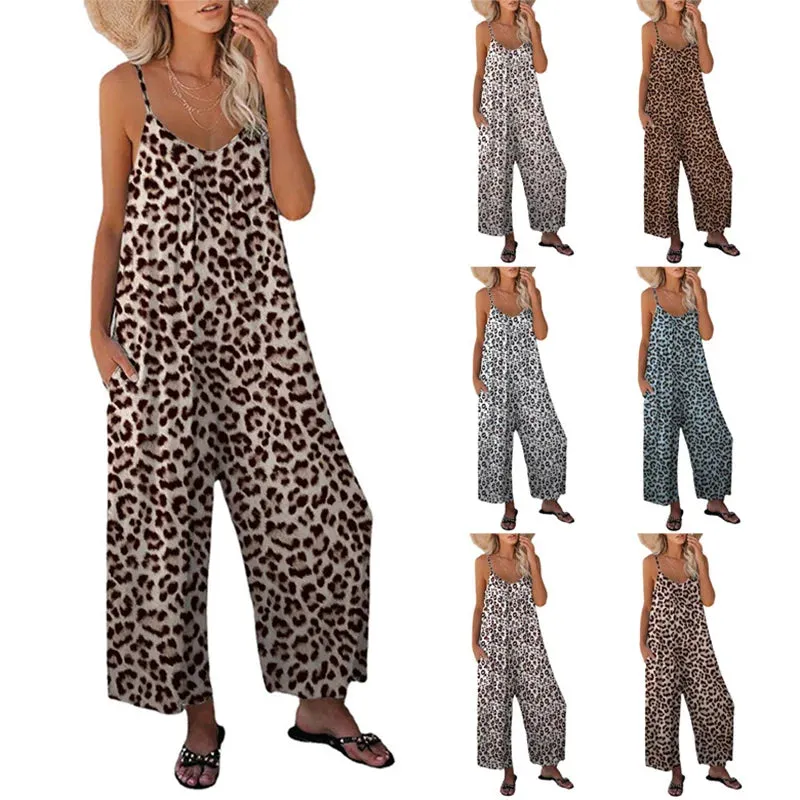 2023 Summer New Women's Pants Cross Border Leopard Pattern Pocket Loose Casual Strap Jumpsuit