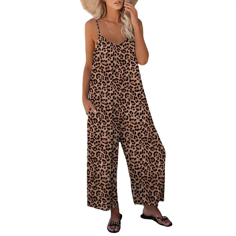 2023 Summer New Women's Pants Cross Border Leopard Pattern Pocket Loose Casual Strap Jumpsuit