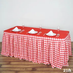 21FT Perfect Picnic Inspired White/Red Checkered Polyester Table Skirt For Wedding Party Event