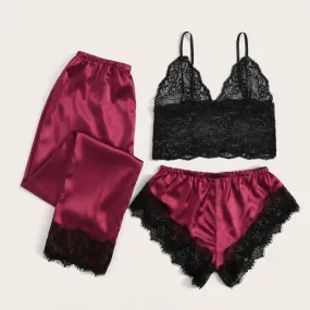 3pcs Eyelash Lace Trim Racerback Satin Top and Shorts PJ Set