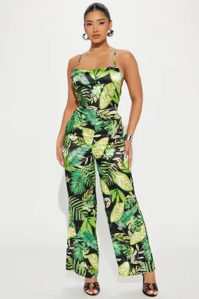 Aligned With You Satin Jumpsuit - Green/combo