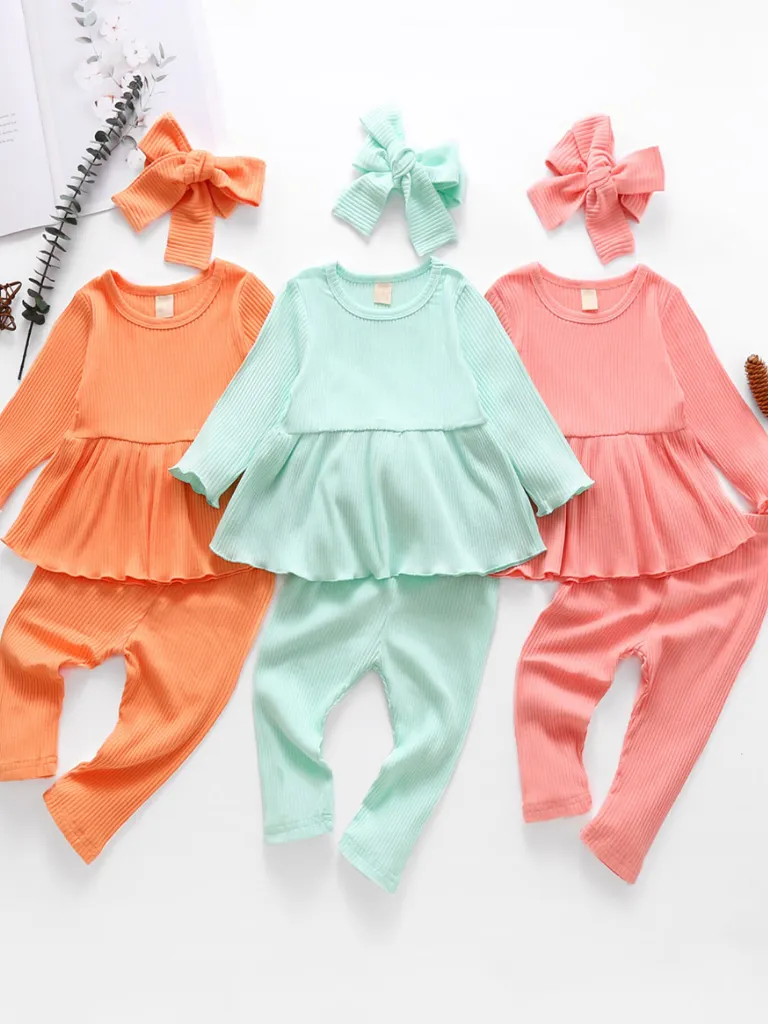 Baby Ribbed Ruffle Long Sleeve Shirt and Legging Set With Headband