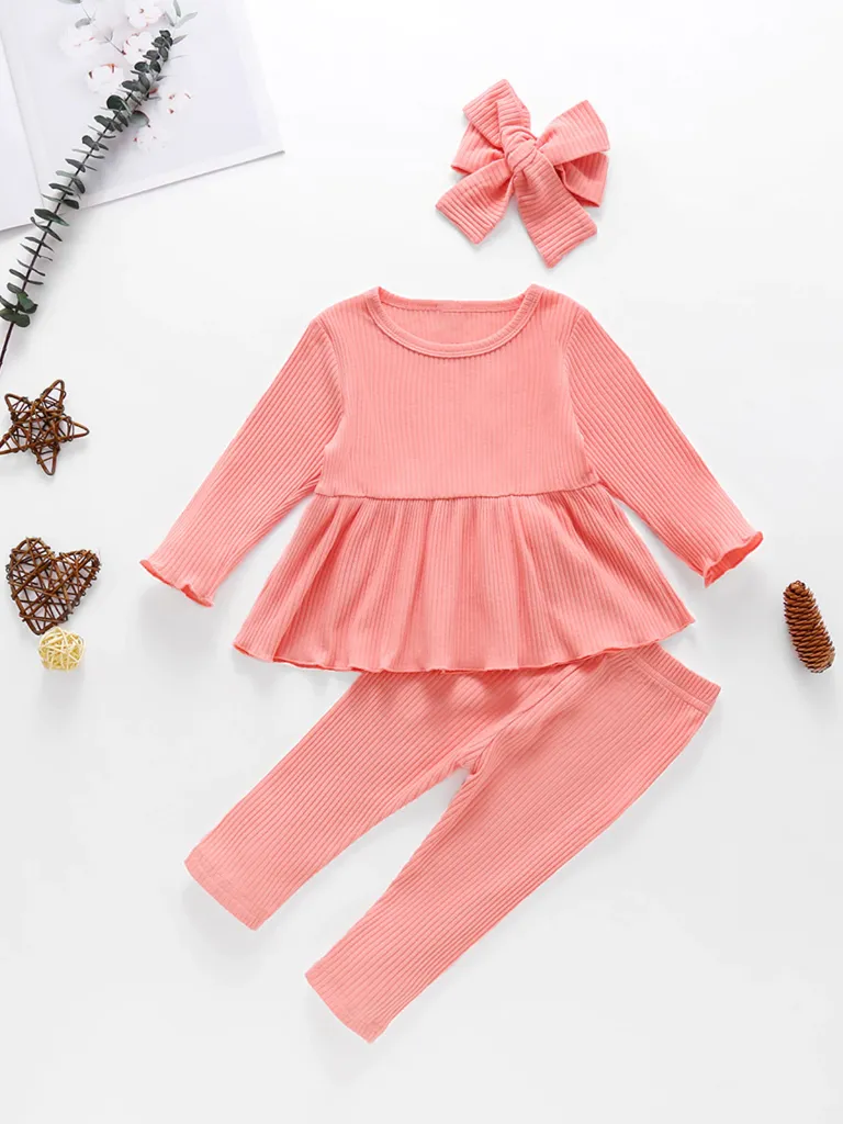 Baby Ribbed Ruffle Long Sleeve Shirt and Legging Set With Headband