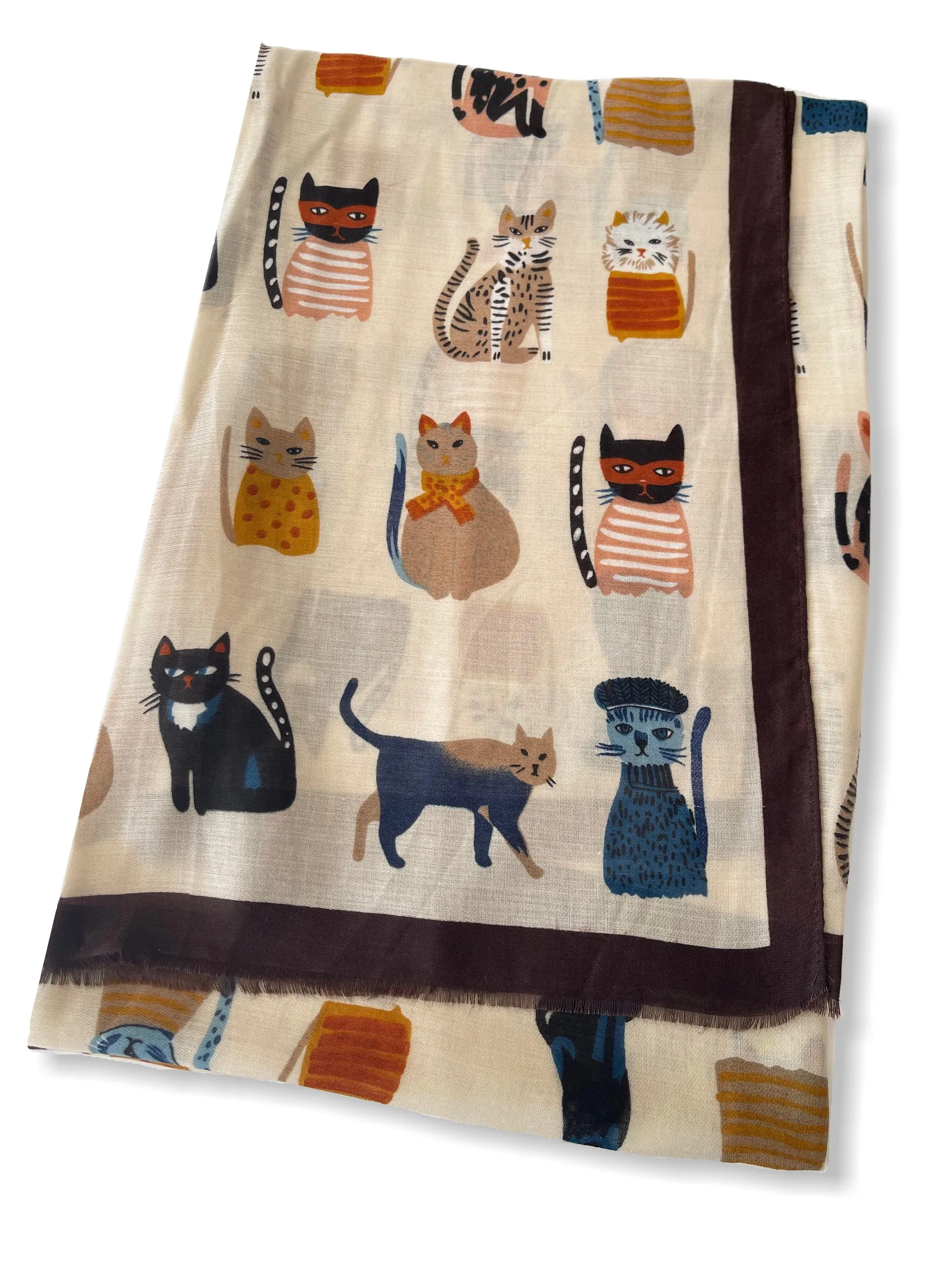 BEIGE COTTON BLEND CAT PRINT LIGHTWEIGHT SCARF