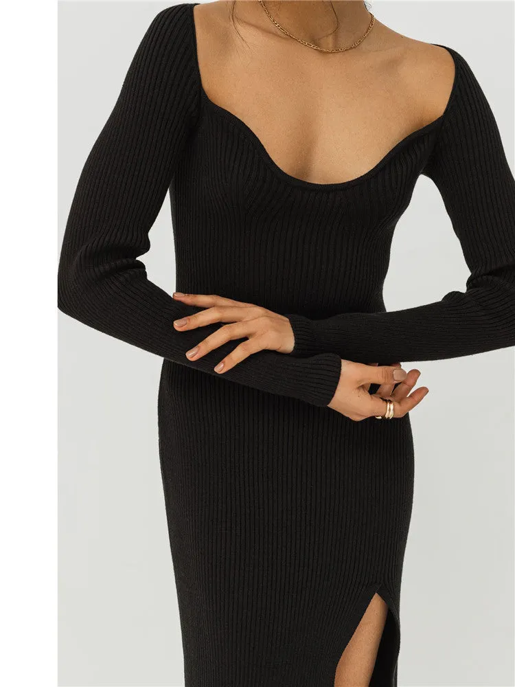 BerriesJam - 2024 V Neck Long Sleeve Casual Midi Sweater Dress