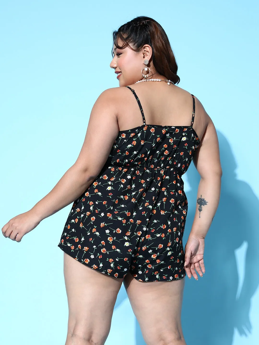 Berrylush Women Plus Size Black & Orange Floral Printed V-Neck Sleeveless Ruched Mini Jumpsuit