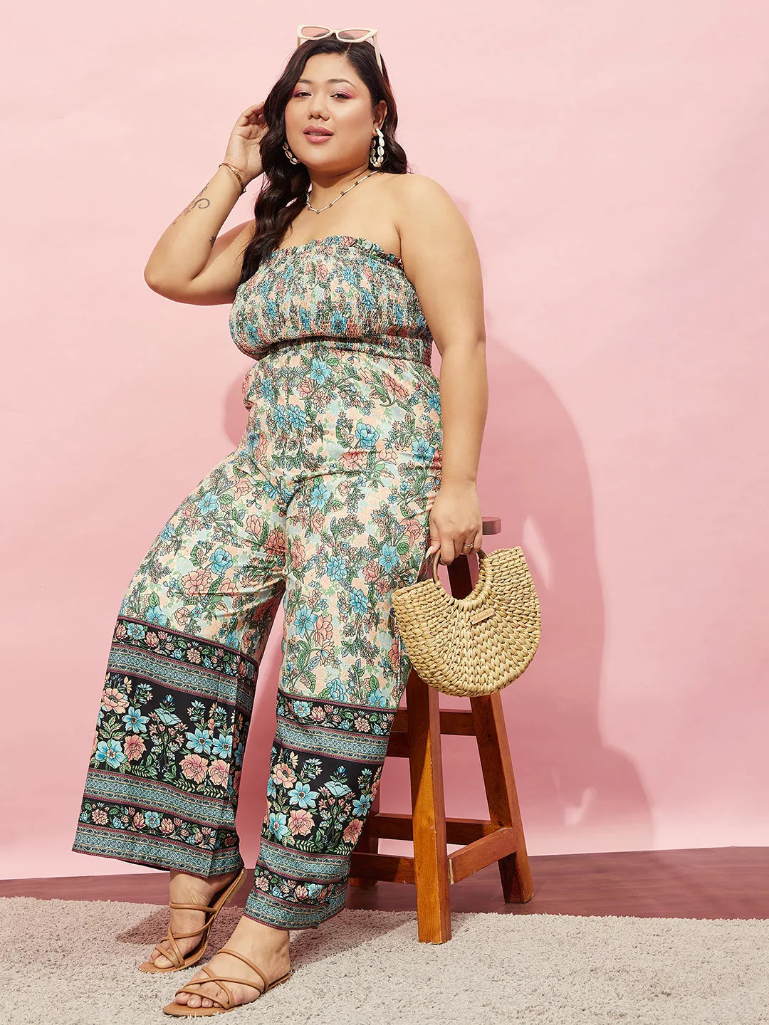 Berrylush Women Plus Size White & Green Floral Printed Strapless Neck Sleeveless Wide-Leg Smocked Maxi Jumpsuit