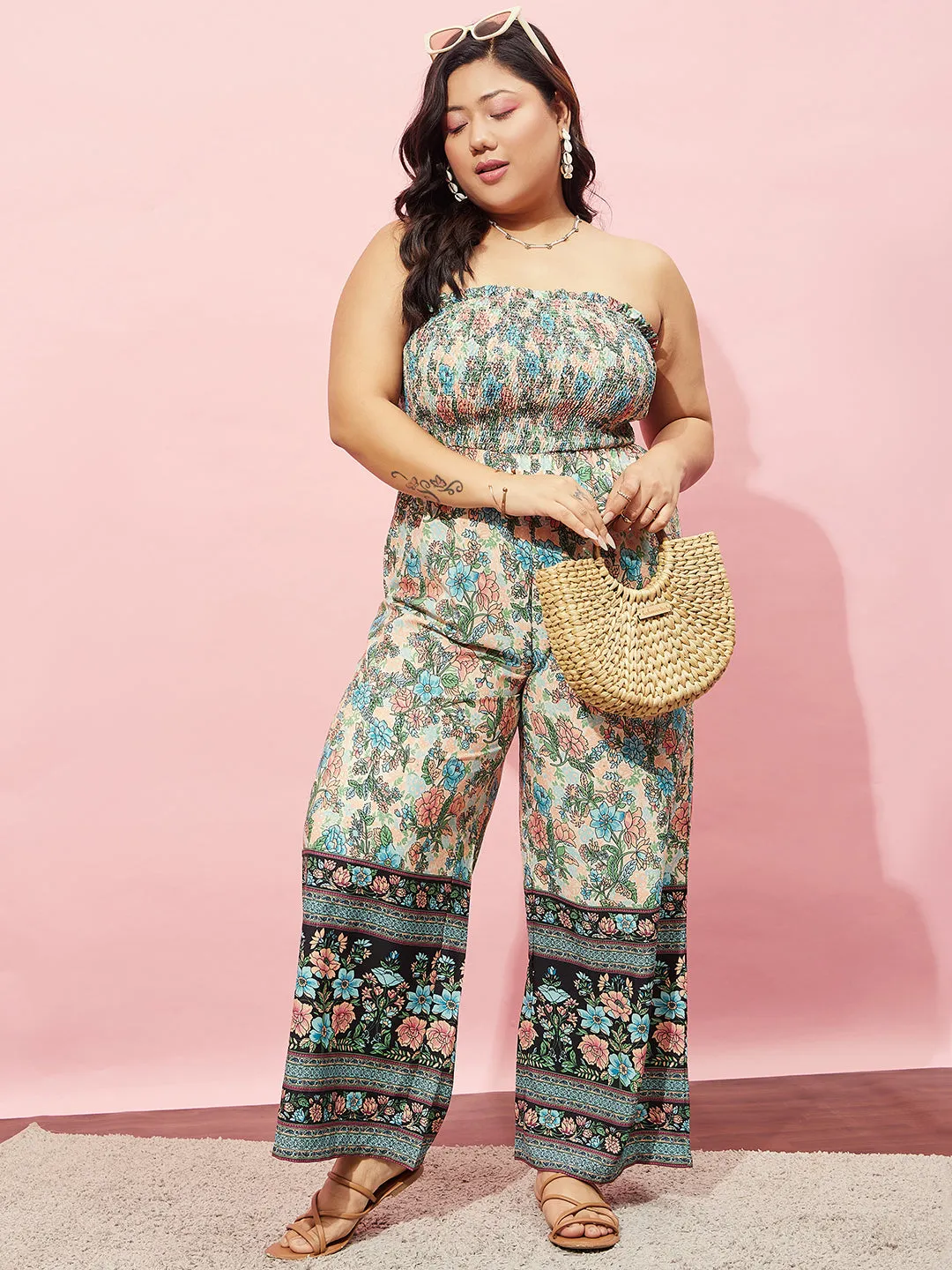 Berrylush Women Plus Size White & Green Floral Printed Strapless Neck Sleeveless Wide-Leg Smocked Maxi Jumpsuit