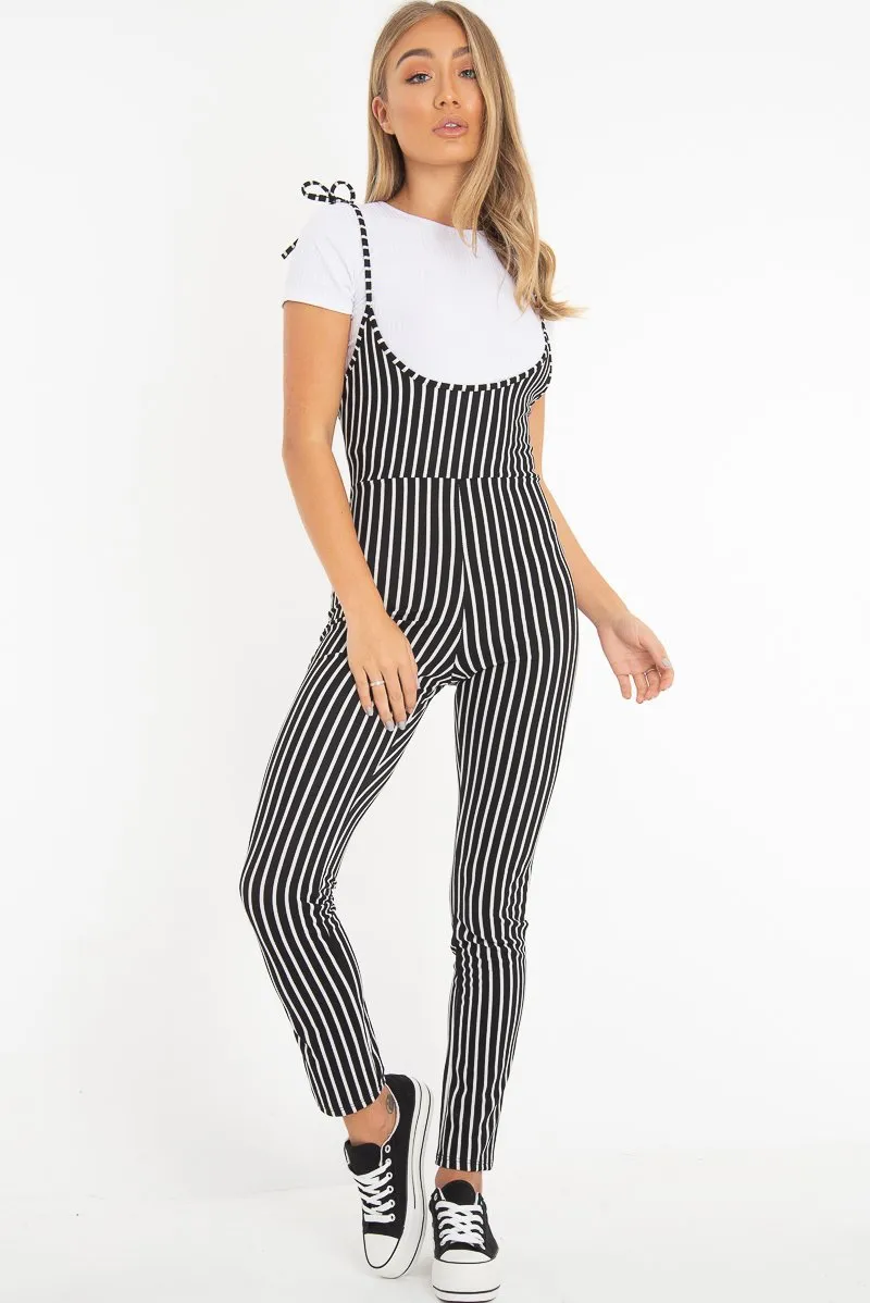 Black and White Striped Tie Up T shirt Insert Jumpsuit - Ahonesti