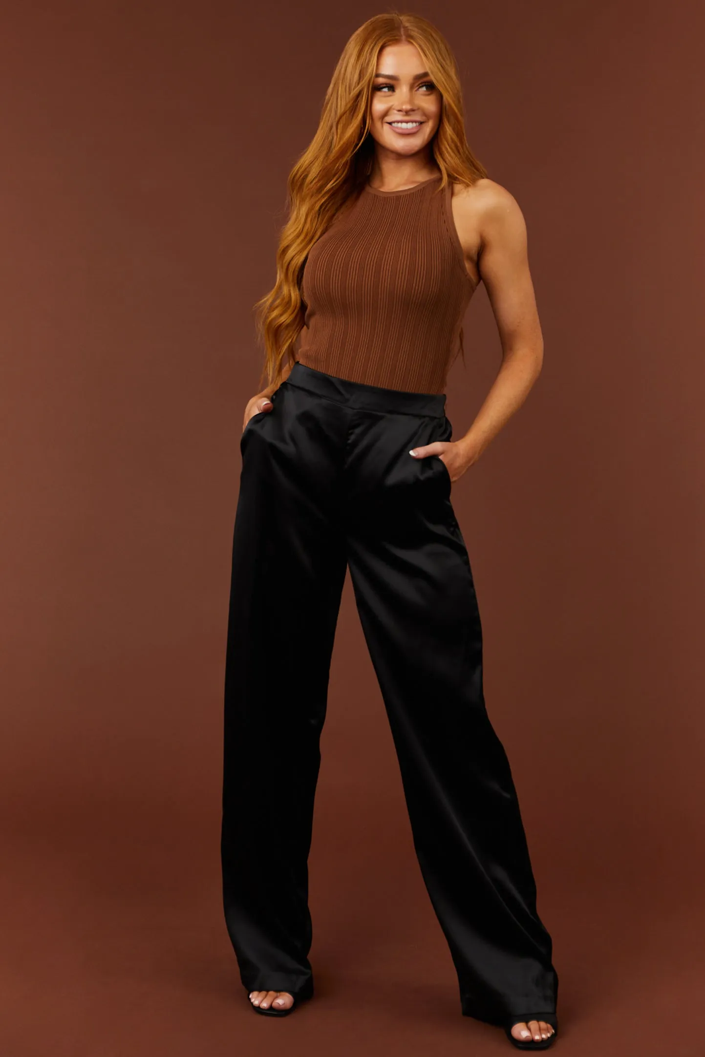 Black High Waist Satin Smocked Waist Pants