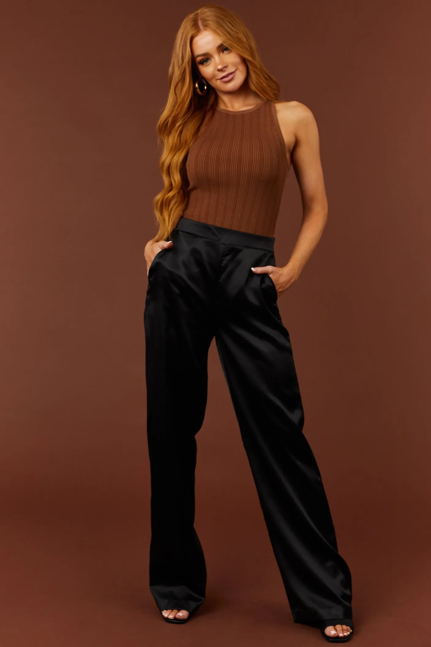 Black High Waist Satin Smocked Waist Pants