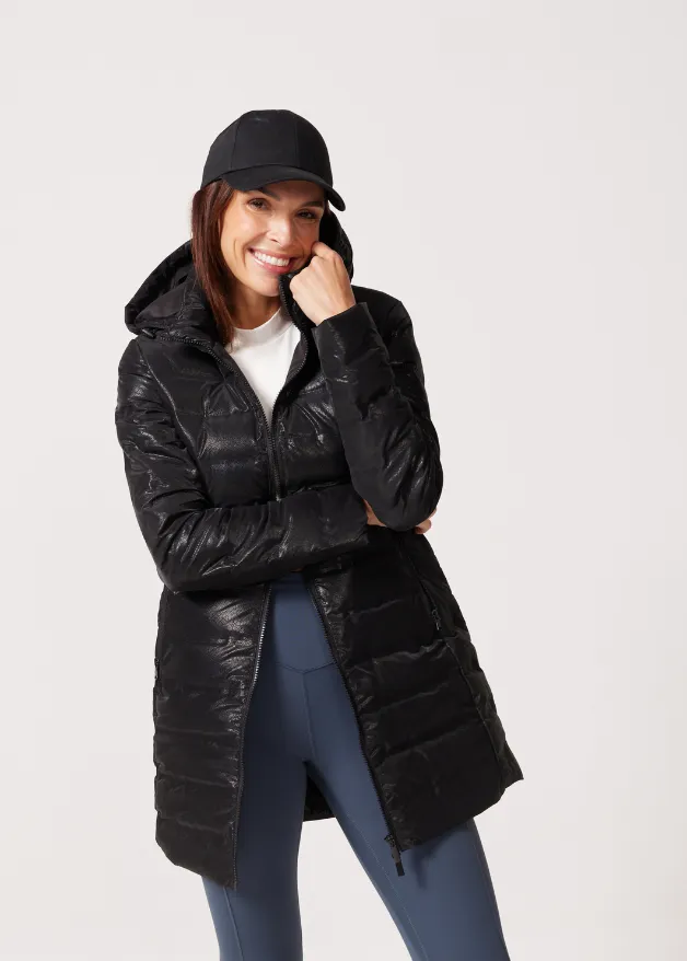 Black Leather Look Duck Down Puffer Coat