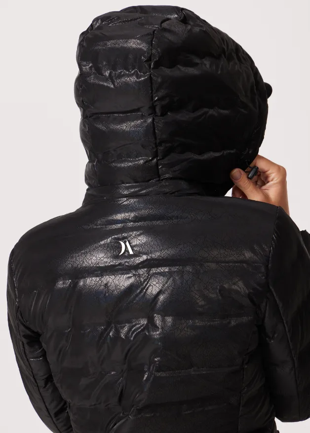 Black Leather Look Duck Down Puffer Coat