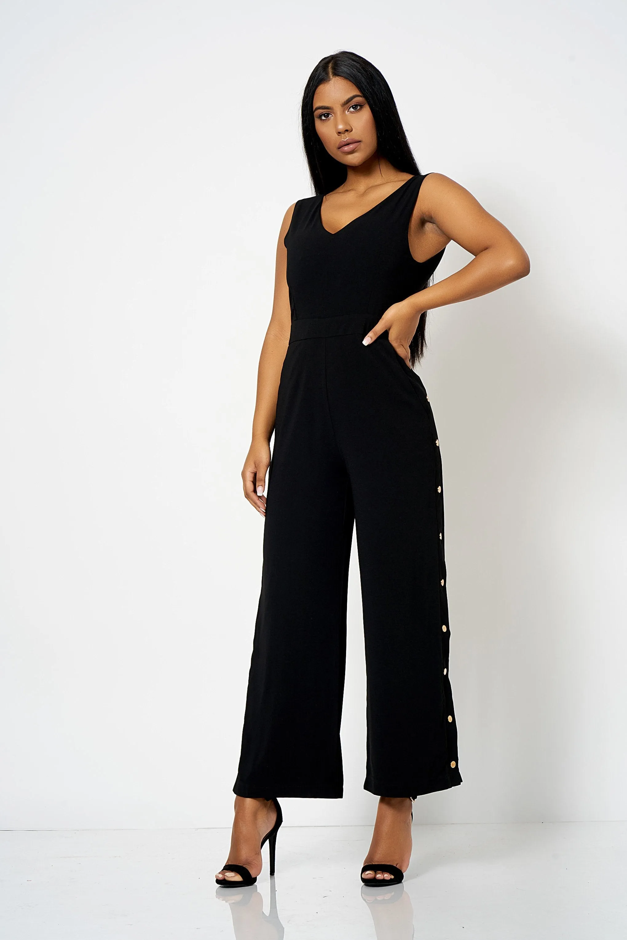 Black Low Back Split Leg Jumpsuit