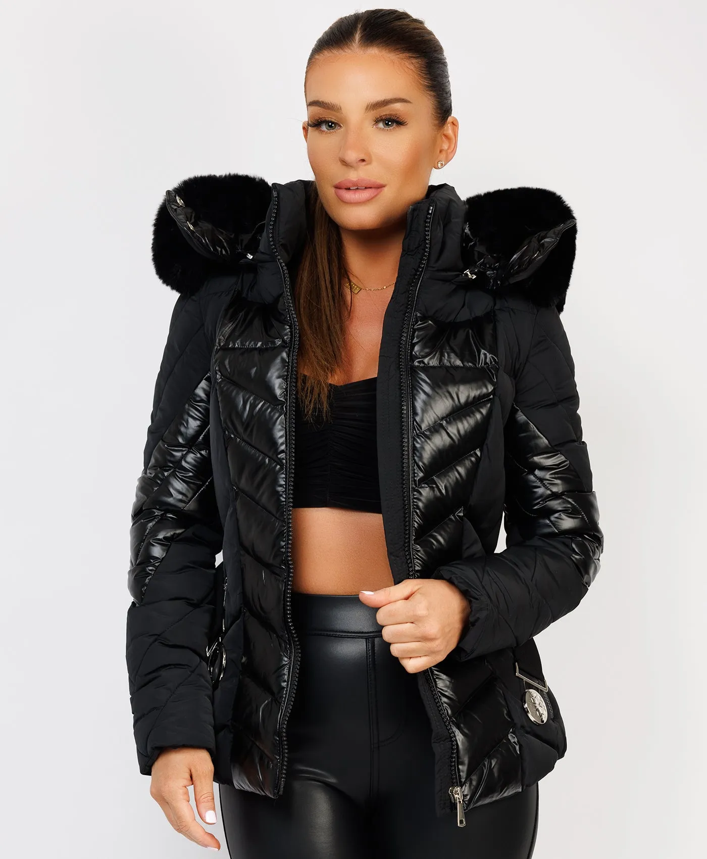 Black Metallic Quilted Padded Belted Ski Jacket