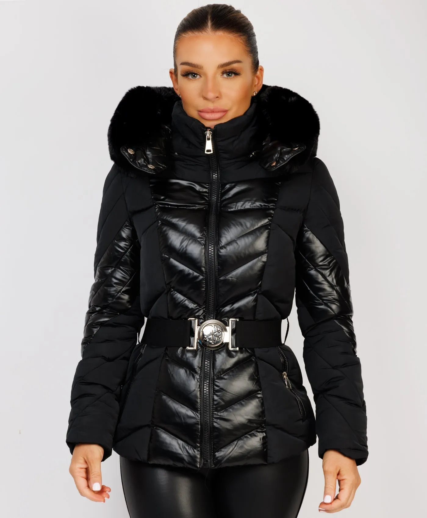 Black Metallic Quilted Padded Belted Ski Jacket