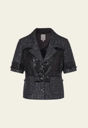 Black Shimmer Short Sleeves Tweed Jacket