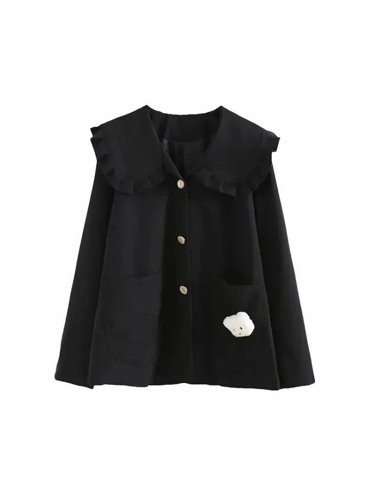 Black Solid Women Jacket For  Cartoon Appliques Winter Single Breasted Long Sleeve Ruffled Neck Casual Outwears Coat