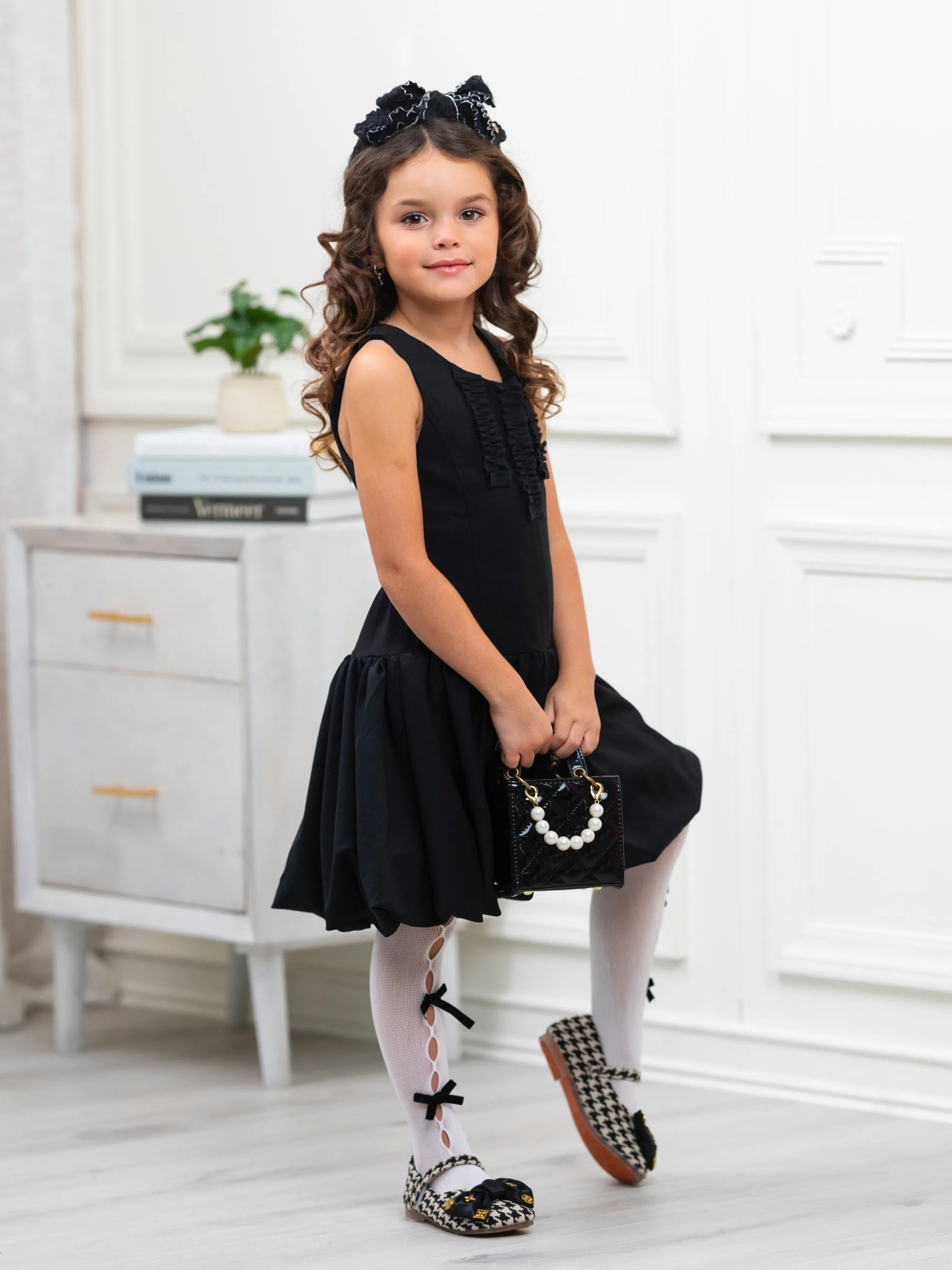 Black Sophisticated Sweetheart Ruffle Trim Dress by Kids Couture