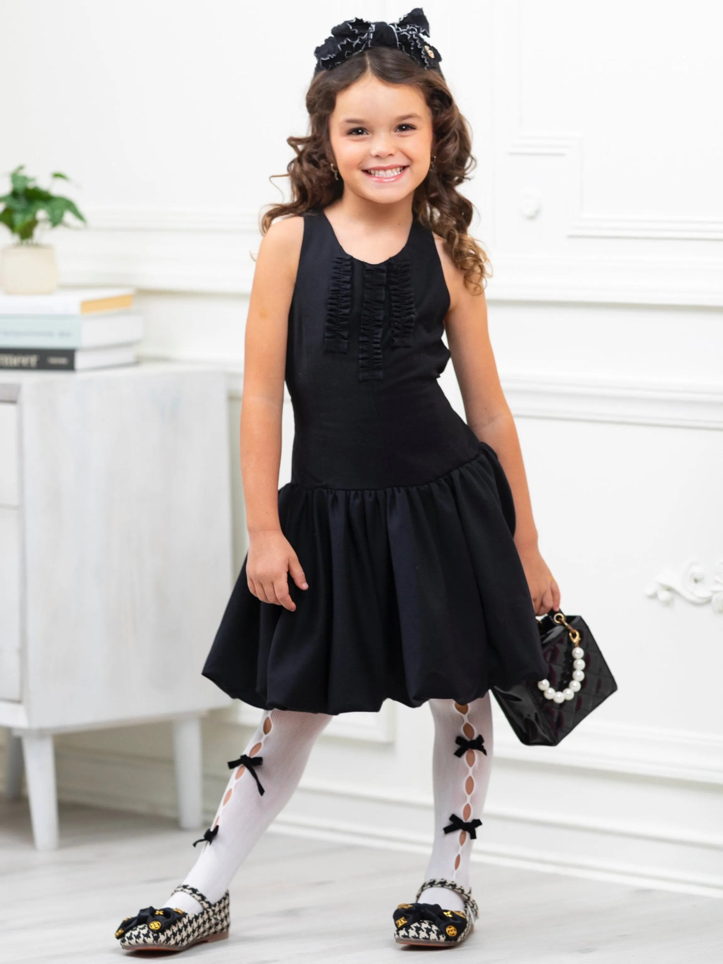 Black Sophisticated Sweetheart Ruffle Trim Dress by Kids Couture