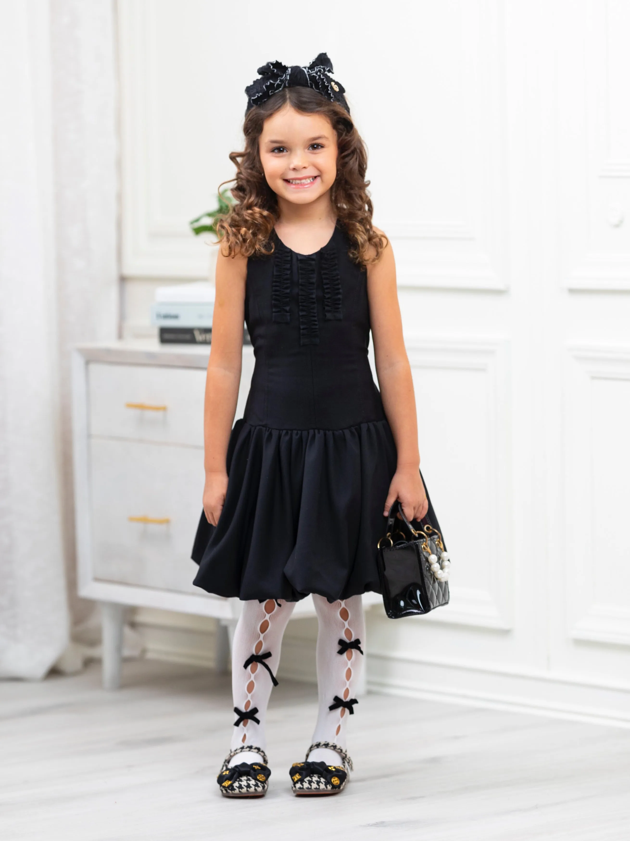 Black Sophisticated Sweetheart Ruffle Trim Dress by Kids Couture