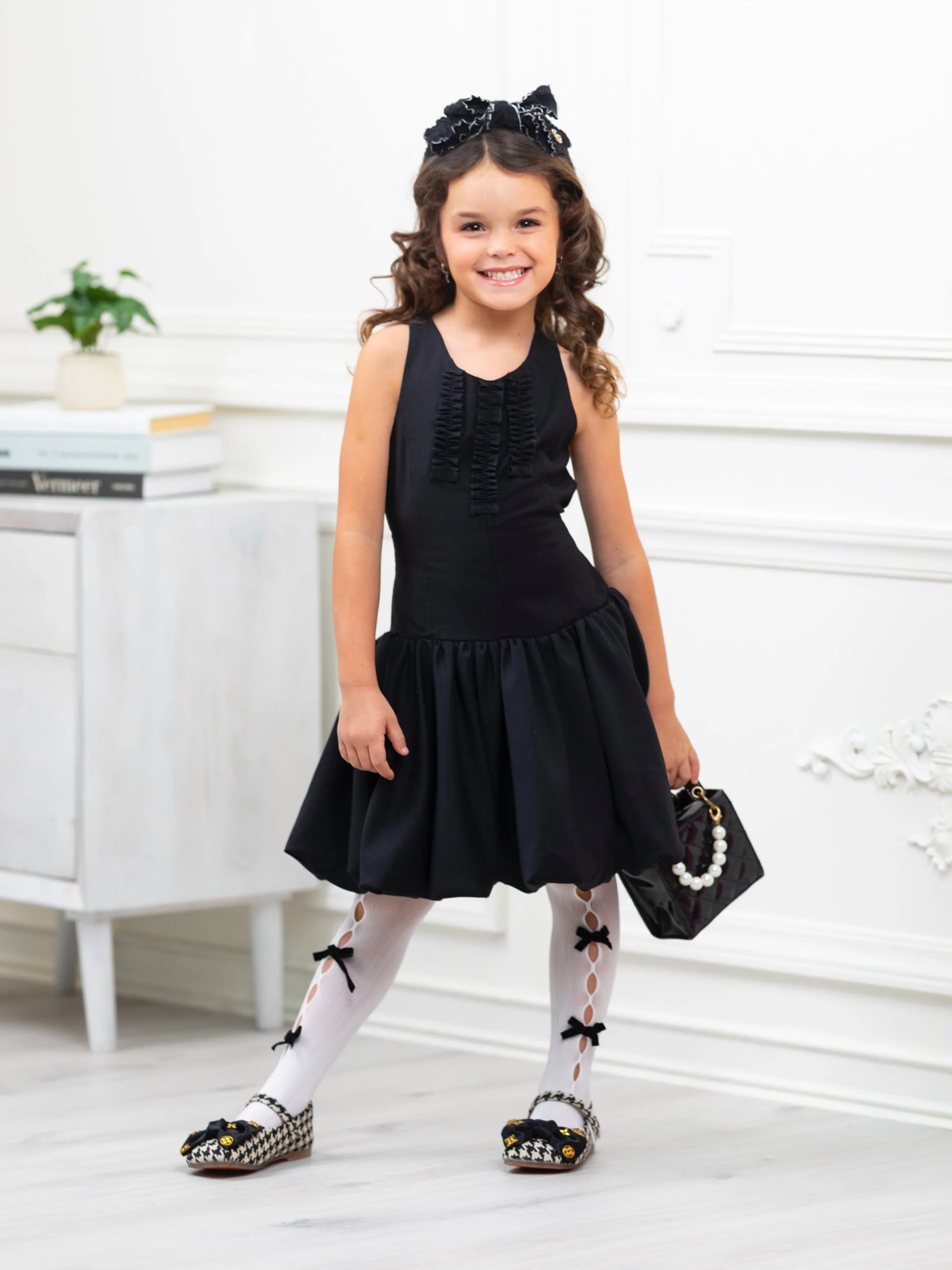 Black Sophisticated Sweetheart Ruffle Trim Dress by Kids Couture