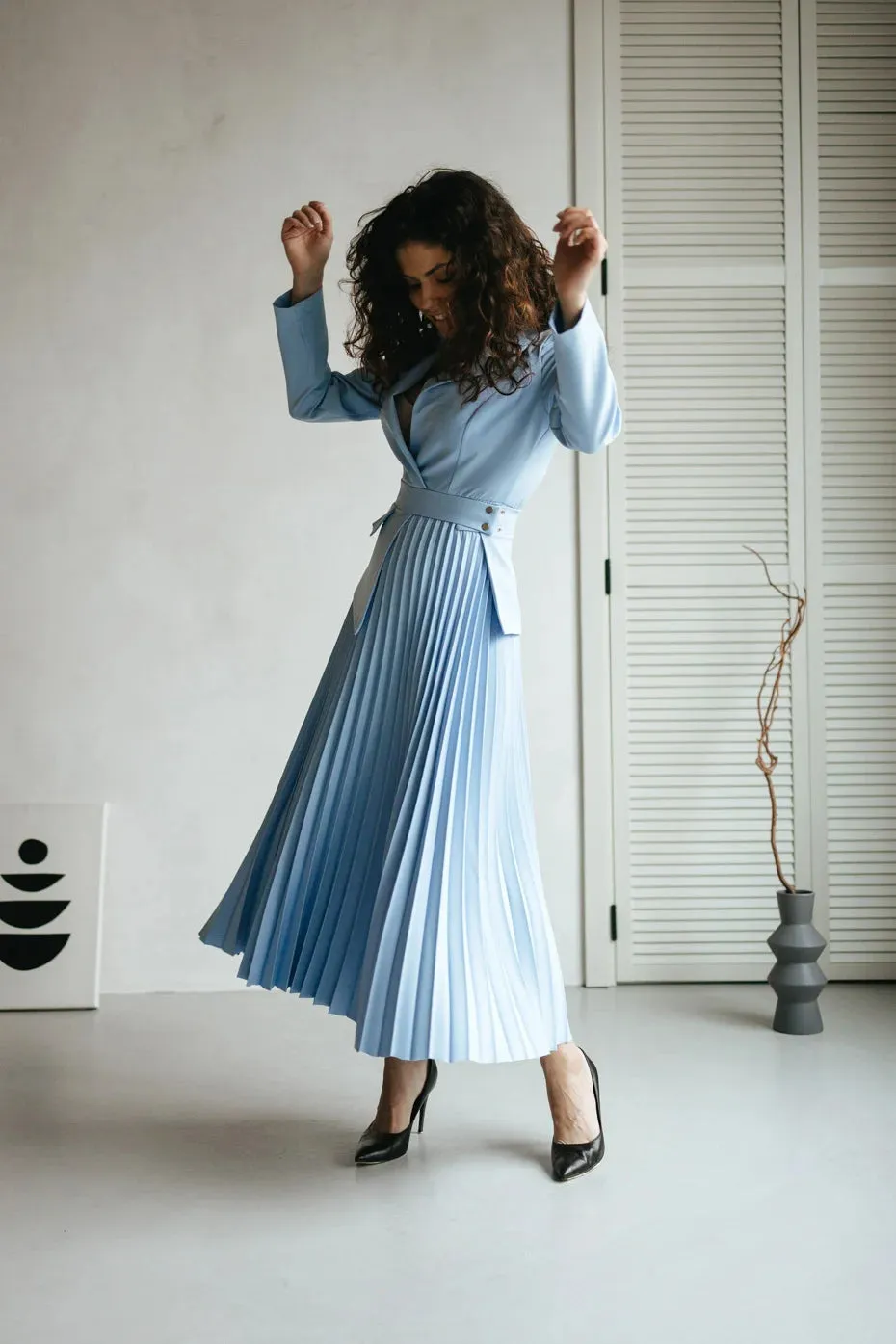 Blue Pleated Skirt Dress for Women