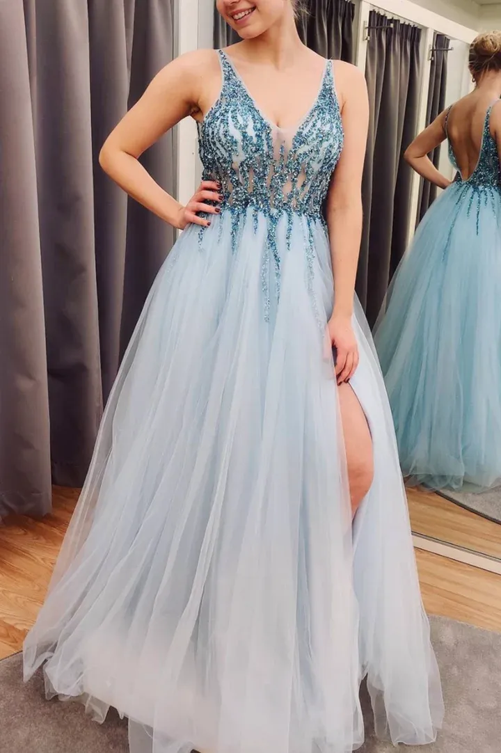 Blue tulle beads long A line prom dress evening dress      fg1891