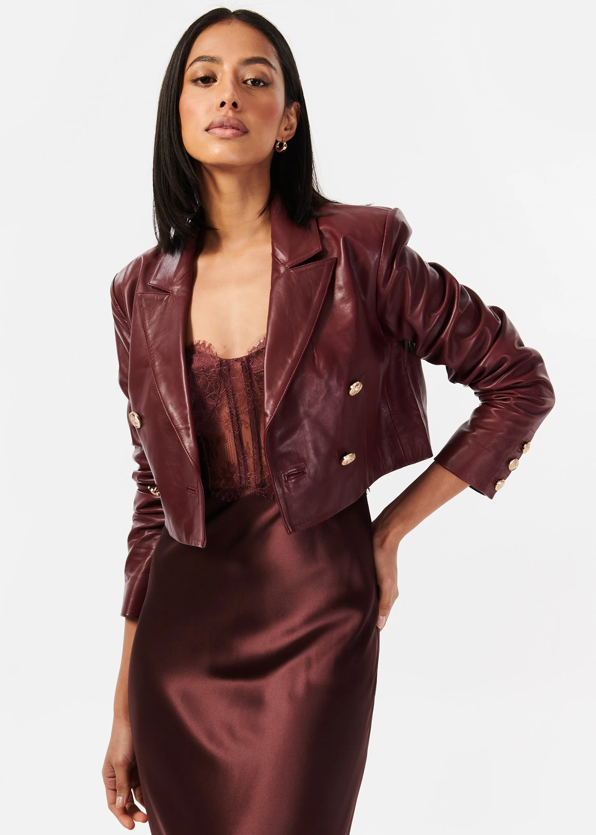 Boa Genuine Leather Cropped Jacket Cranberry