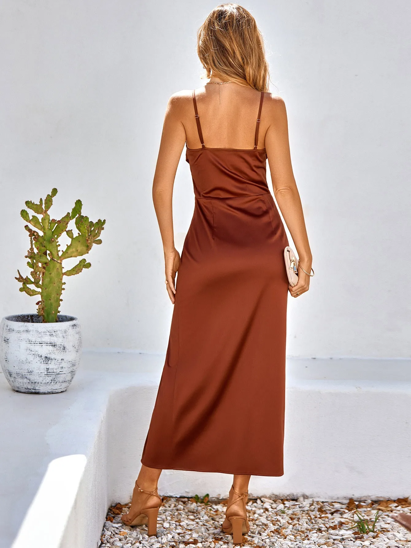 Bridesmaid Dress / Pleated Detail Spaghetti Strap Slit Dress