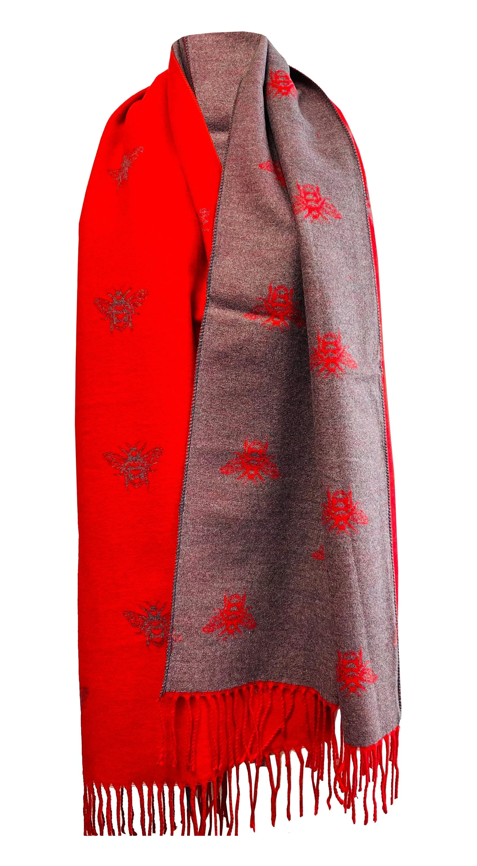 BUMBLE BEES SCARF red grey reversible super soft winter shawl unisex trending scarf Xmas gift for him and her