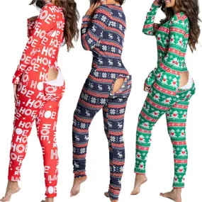 Christmas Print Sexy Pajama Women Jumpsuit Casual Long Sleeve Pyjama Button-down Front Functional Buttoned Flap Female Sleepwear