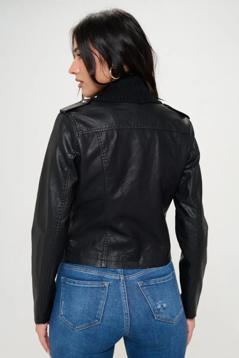 Coalition LA Knit Collared Vegan Leather Crop Jacket