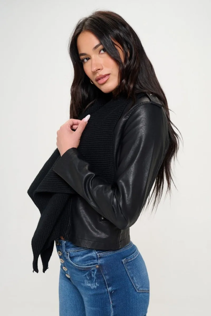 Coalition LA Knit Collared Vegan Leather Crop Jacket