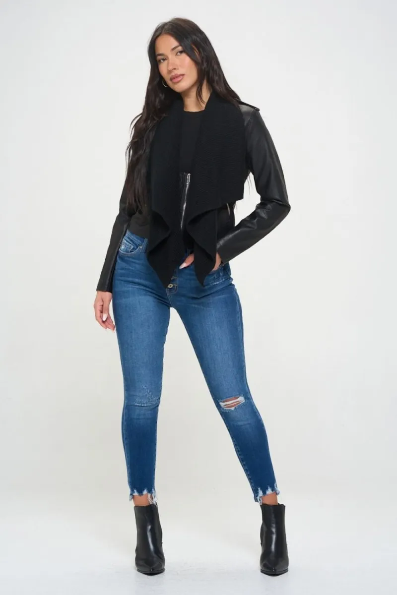 Coalition LA Knit Collared Vegan Leather Crop Jacket