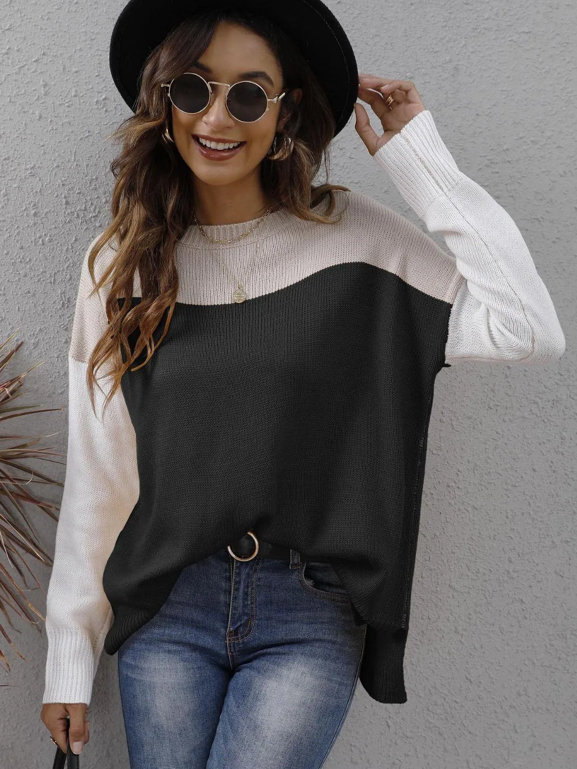 Color Block Dropped Shoulder Sweater