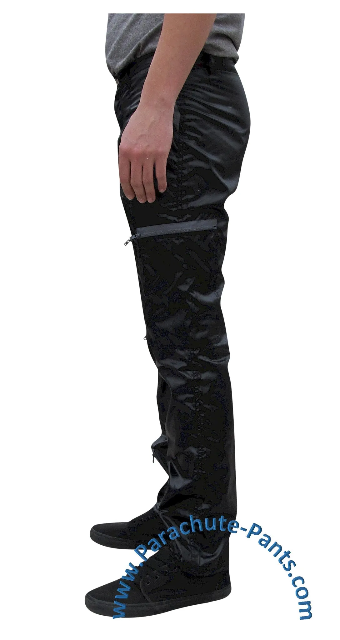 Countdown Black Shiny Nylon Parachute Pants with Grey Zippers