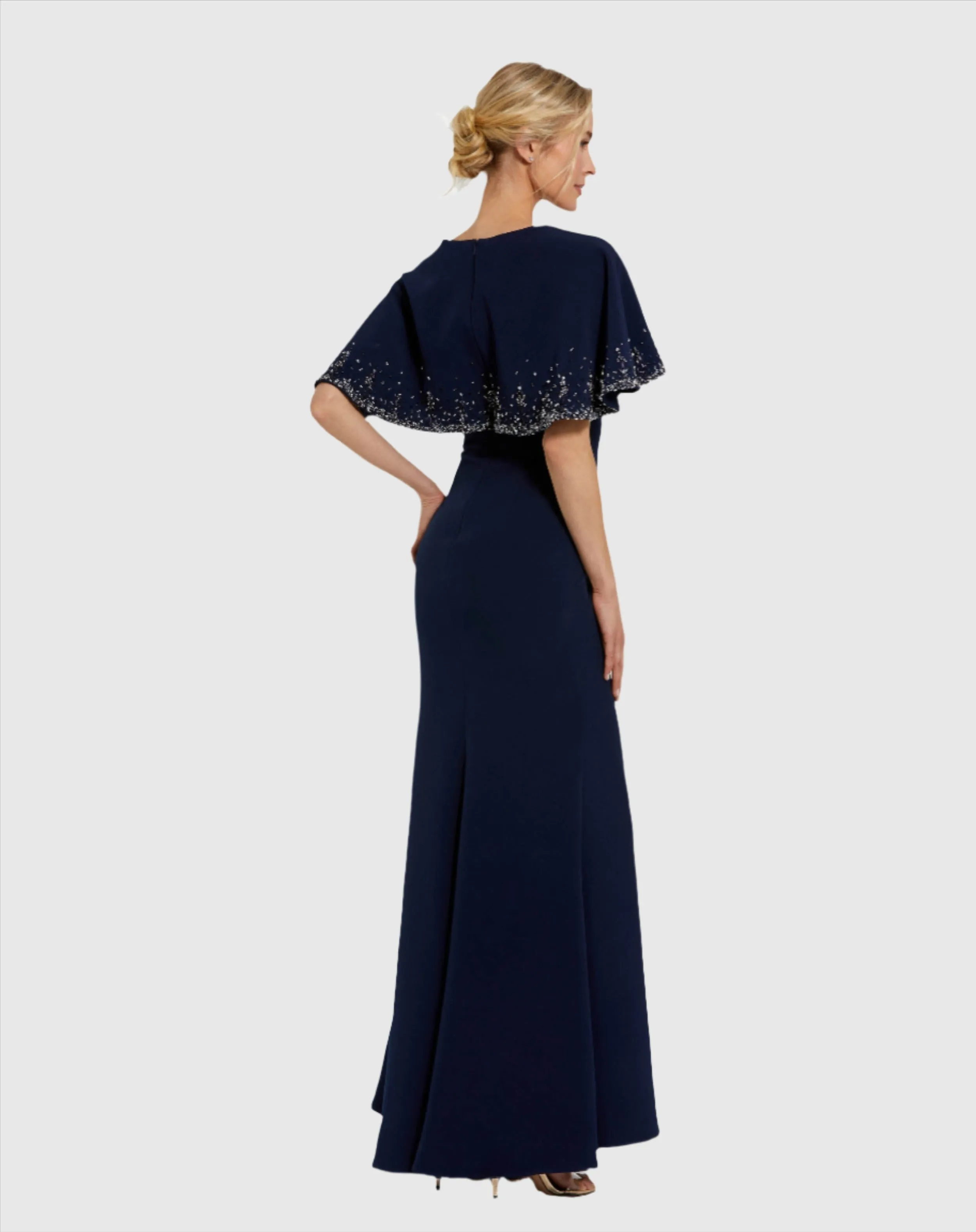 Crepe High Neck Fitted Gown With Beaded Shawl