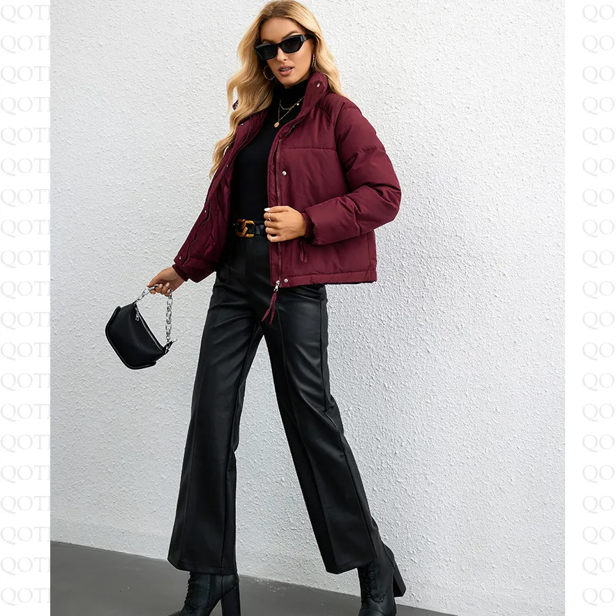 Cropped Zippered Pocket Stand-Up Collar Puffer Jacket