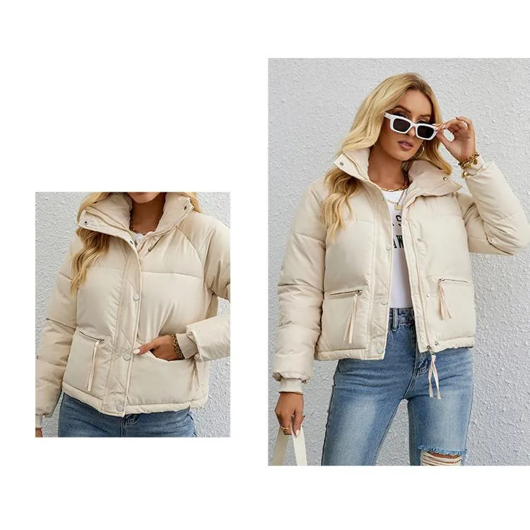 Cropped Zippered Pocket Stand-Up Collar Puffer Jacket