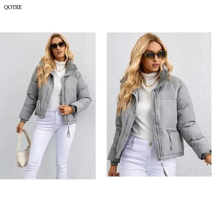 Cropped Zippered Pocket Stand-Up Collar Puffer Jacket