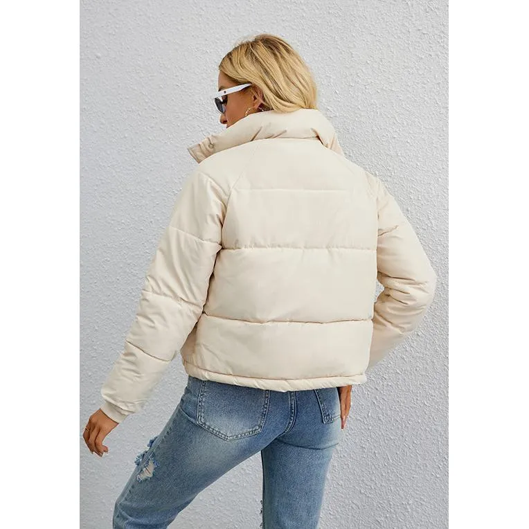 Cropped Zippered Pocket Stand-Up Collar Puffer Jacket