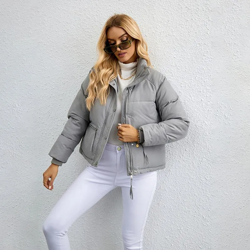 Cropped Zippered Pocket Stand-Up Collar Puffer Jacket